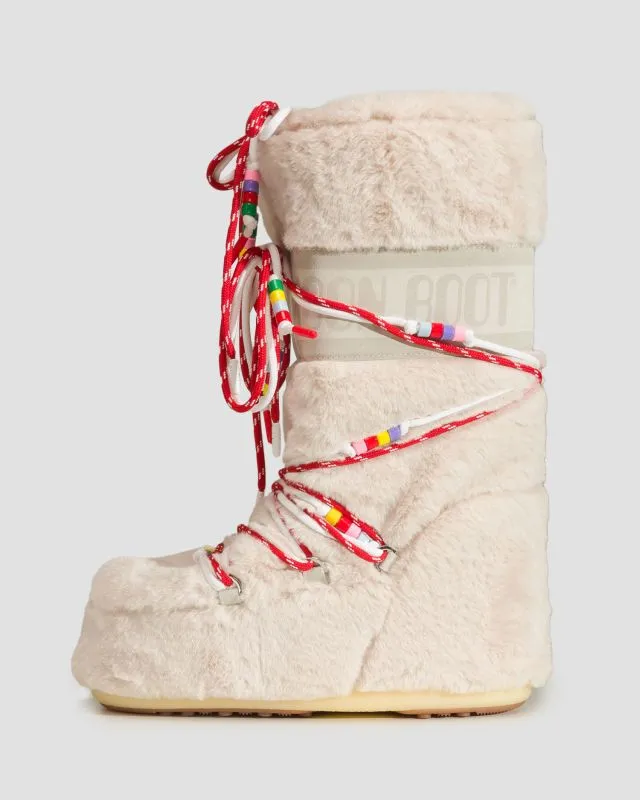 Beige winter women's shoes Moon Boot Resort Icon Faux Fur Beads