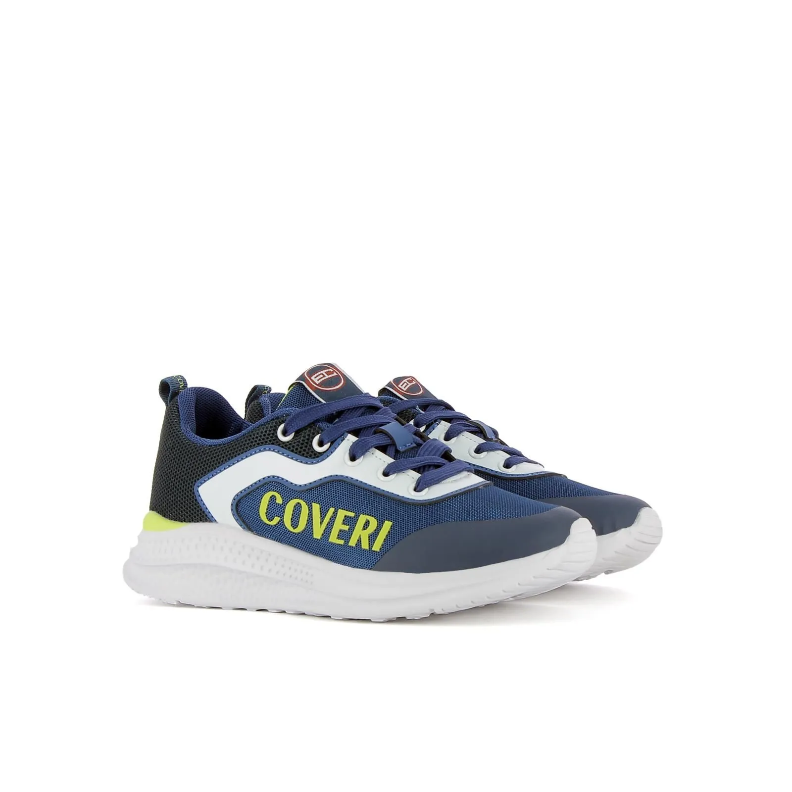 Blue lace-up sneakers.