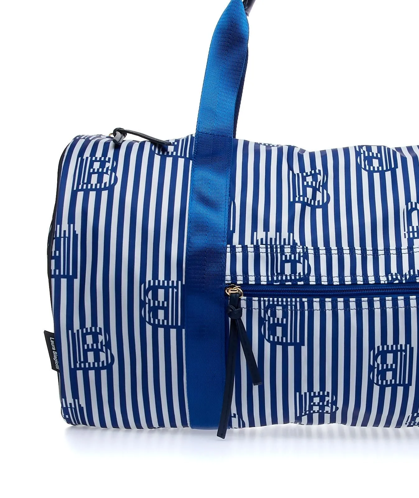 Blue sea duffel bag with logos.