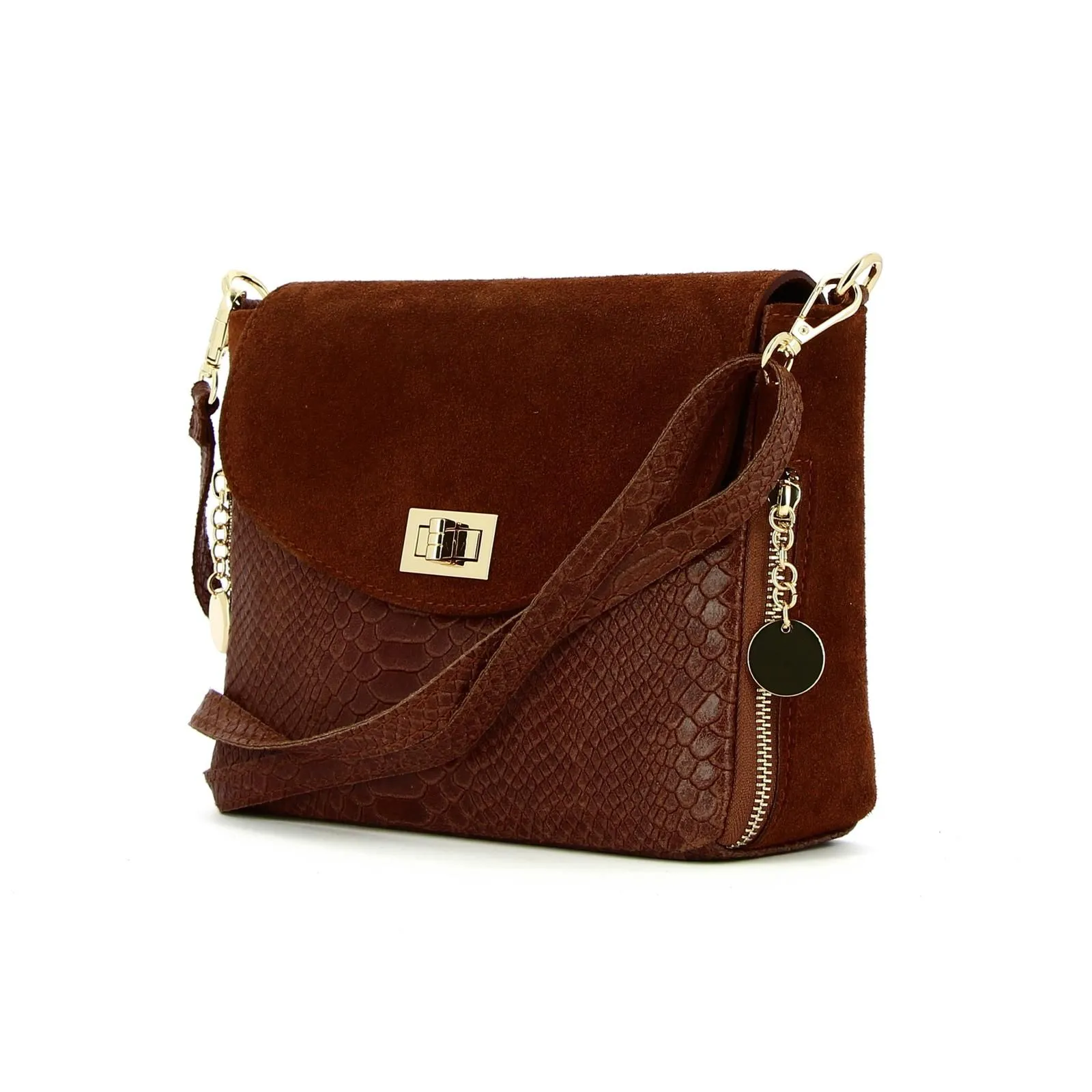 Brown leather animal print shoulder bag with adjustable strap.