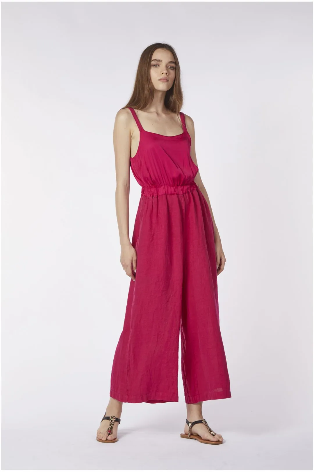 linen and viscose dress with magenta back neckline