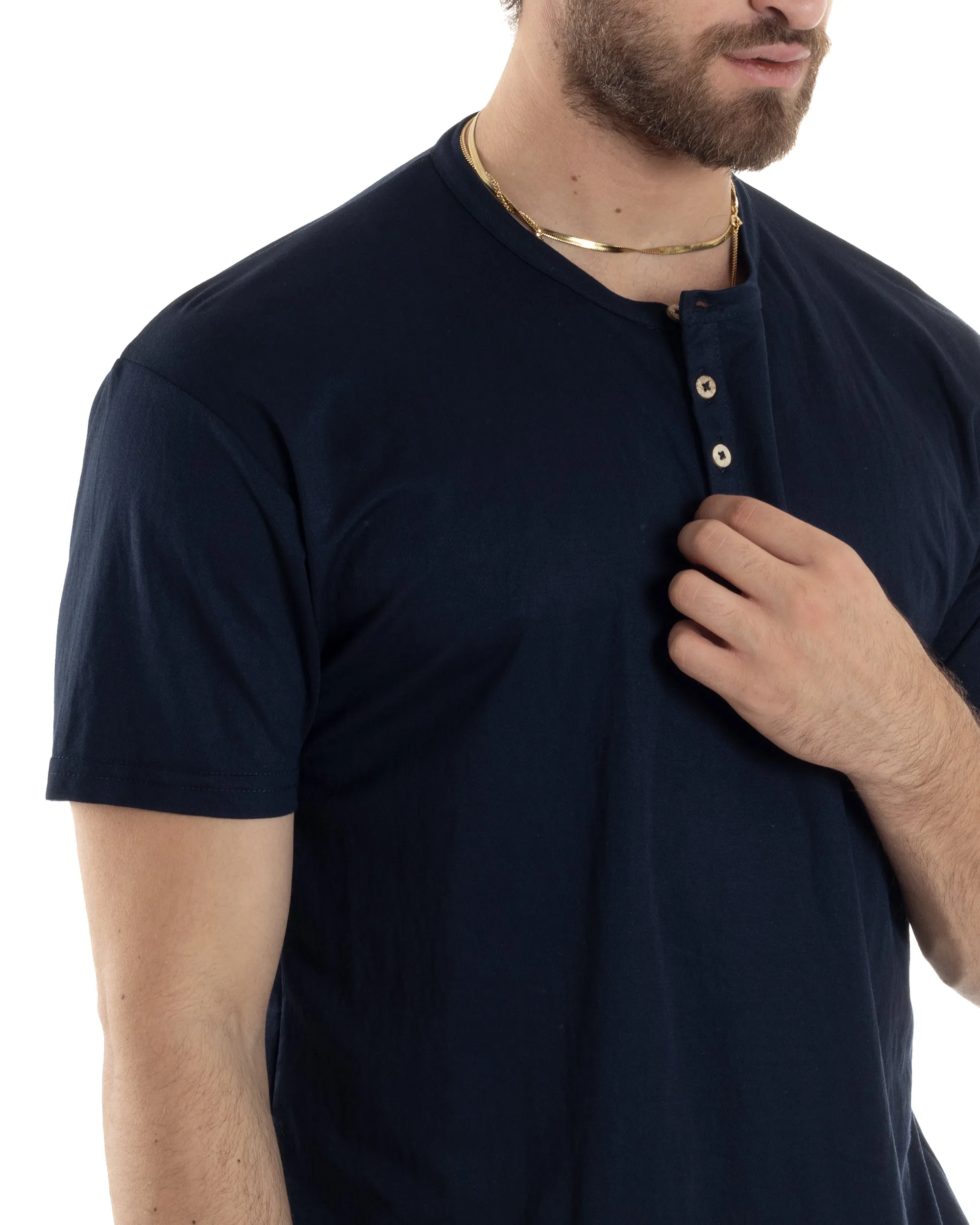 Men's Short Sleeve Viscose Henley Button-down Casual T-shirt in Blue by GIOSAL
