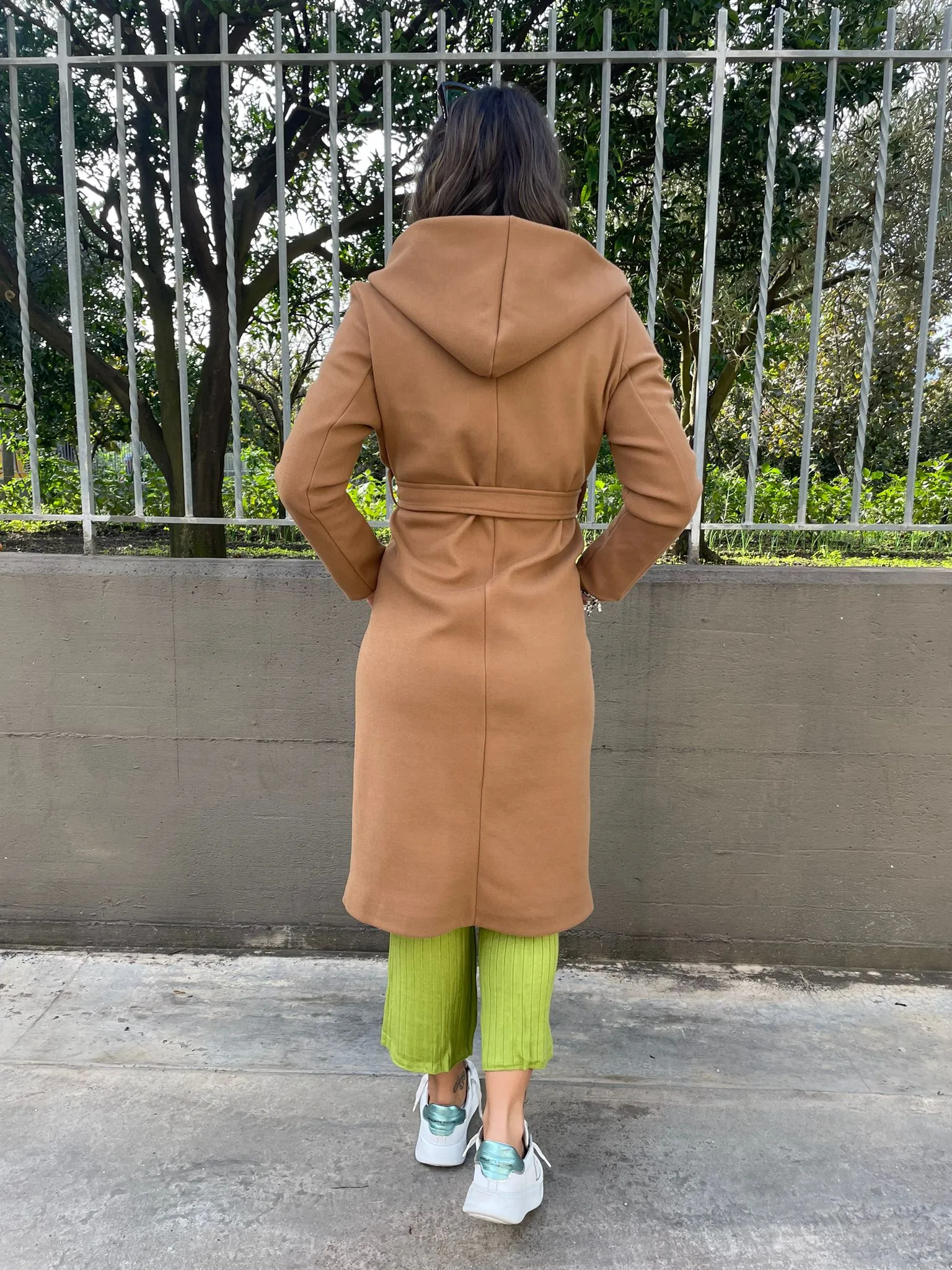Solid color coat with waist belt and hood