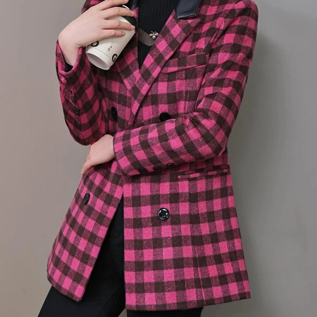 Women's Plaid Blazer - Autumn Winter Long Sleeve Casual Jacket, Green Apricot Pink