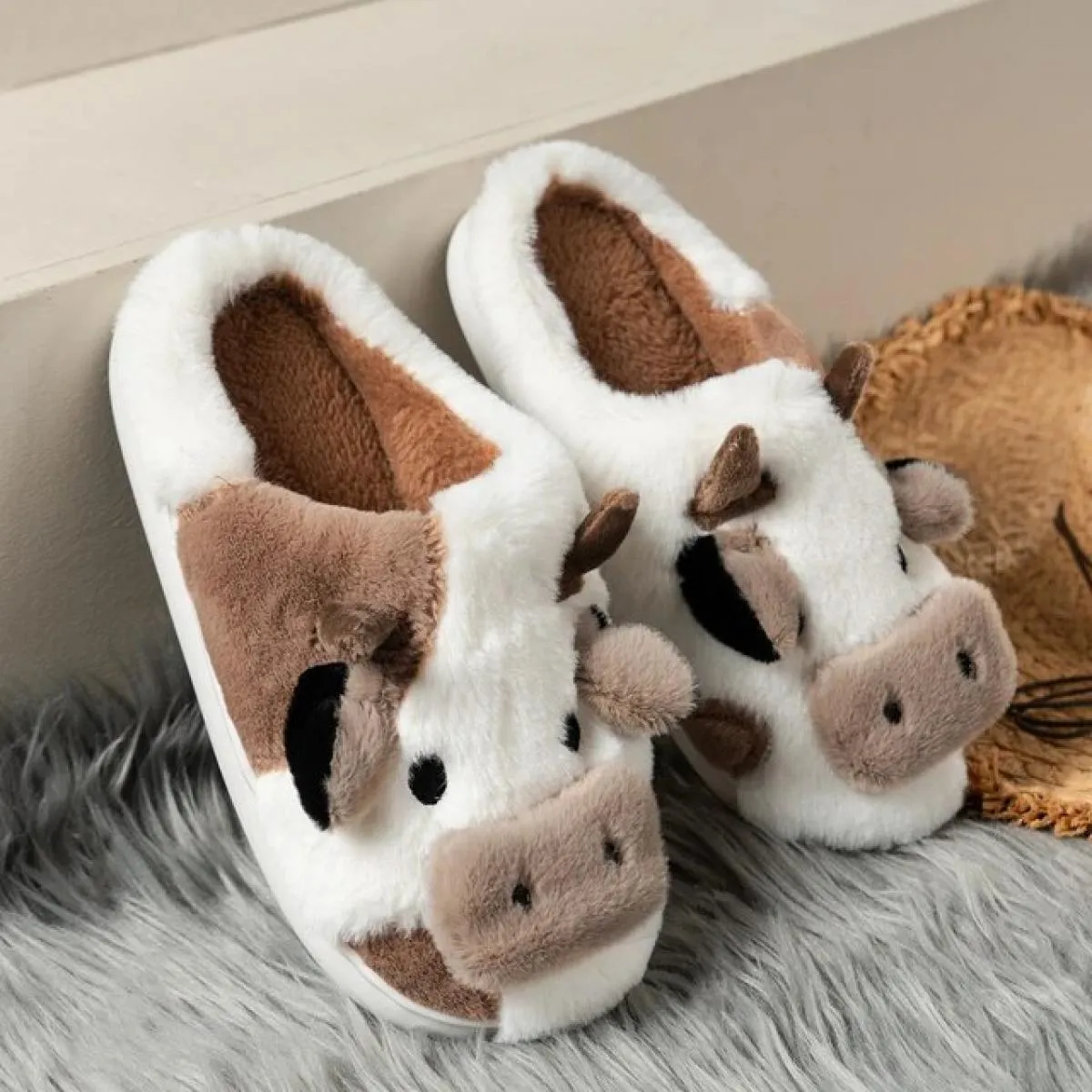 Women's Winter Warm Plush Bunny Slippers – Soft Cowhide Fur, Cute Kawaii Flat Closed Indoor Shoes